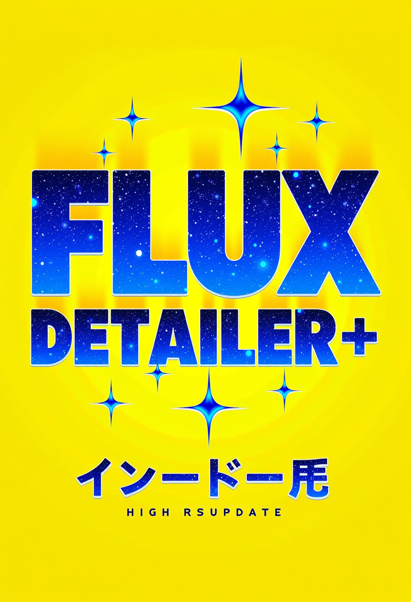 A yellow background with the text "Flux Detailer+" in bold, psychedelic font. The letters have an iridescent shimmer effect and are arranged to resemble floating stars or planets. There is also some digital pixel art on top of it that adds another layer of visual complexity. In front of them is written Japanese characters for "High Res Update". It's a creative design for a social media post or profile banner.
