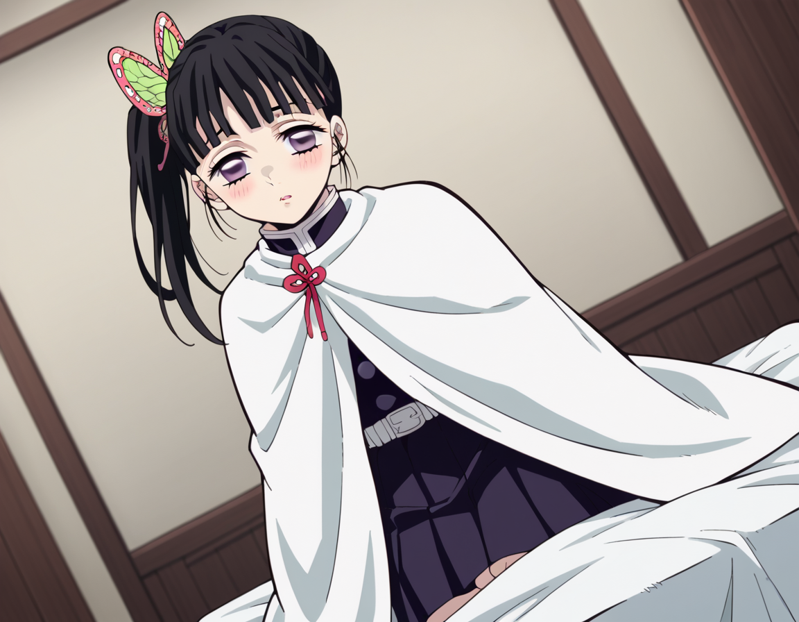 score_9, score_8_up, score_7_up, source_anime,
kanaotsuyuri, <lora:kanao-tsuyuri-anime-ponyxl-lora-nochekaiser:1>,
kanao tsuyuri, black hair, butterfly, butterfly hair ornament, purple eyes, side ponytail, ponytail,
black skirt, cape, demon slayer uniform, long sleeves, pleated skirt, skirt, white cape,
indoors, bed, bed room, on side, blush, drunk,
solo, dutch angle, looking at viewer, cowboy shot,