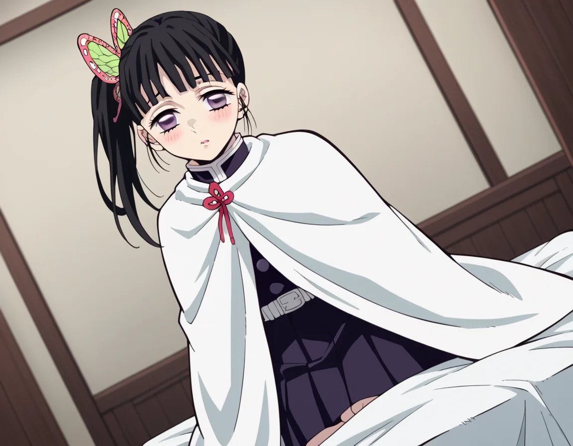 score_9, score_8_up, score_7_up, source_anime,
kanaotsuyuri, <lora:kanao-tsuyuri-anime-ponyxl-lora-nochekaiser:1>,
kanao tsuyuri, black hair, butterfly, butterfly hair ornament, purple eyes, side ponytail, ponytail,
black skirt, cape, demon slayer uniform, long sleeves, pleated skirt, skirt, white cape,
indoors, bed, bed room, on side, blush, drunk,
solo, dutch angle, looking at viewer, cowboy shot,