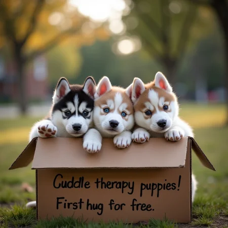 A cardboard box full of fluffy husky puppies, (( very clearly written on the box in large letters is ("Cuddle therapy puppies! First hug is free"):1.3)), in a city park, adorable puppies, detailed fur, high resolution, highly detailed, photorealistic, cinematic/ detailed digital hyper realistic intricate details, HDR, beautifully shot, hyper realistic, sharp focus, 64 megapixels, perfect composition, high contrast, cinematic, atmospheric, moody