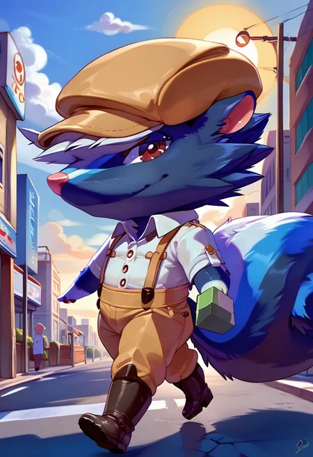 score_9, score_8_up, score_7_up, gorgeous, high detail, masterpiece, detailed face, stunning, detailed body,
1boy, male, solo anthro,
by rajii,
rear view,
walking away from viewer, looking over shoulder, looking back, looking at viewer, (KicksAC, skunk, big tail, beige hat, red eyes:1.4), (blue fur:1.6), boots, chibi, tiny feet
(white collared shirt, beige suspenders, beige slacks:1.4),
smile,
city streets setting, sun, blue sky, white clouds, buildings, zPDXL3