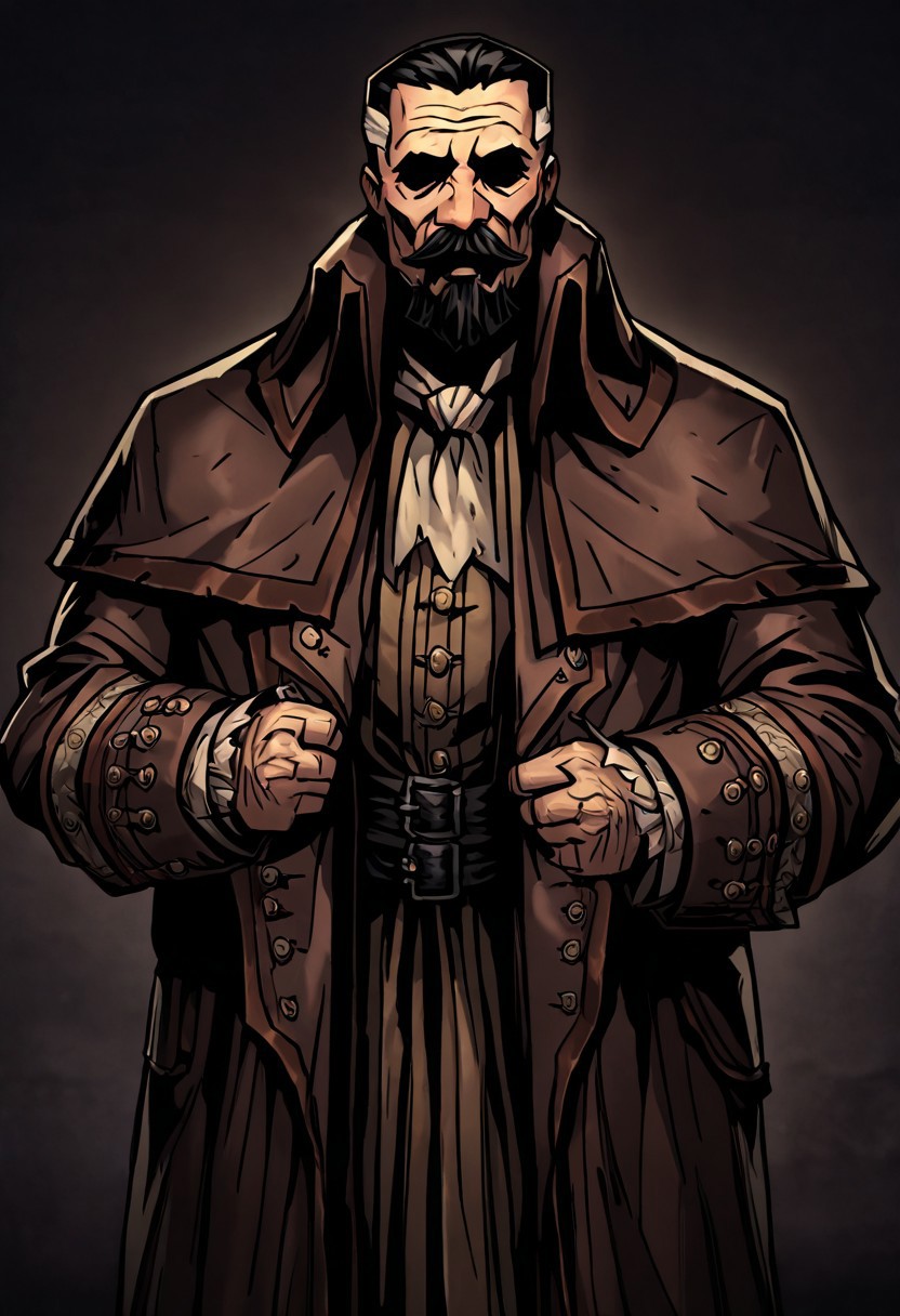 masterpiece, best quality, newest, absurdres, highres, DDstyle, official style, black eyes, shaded eyes, 1boy, A-LMWRE-V1.1, old man, robe, buttoms, beard, mustache, facial hair, multicolored hair, coat, two-tone hair, long sleeves, brown robe, black hair,