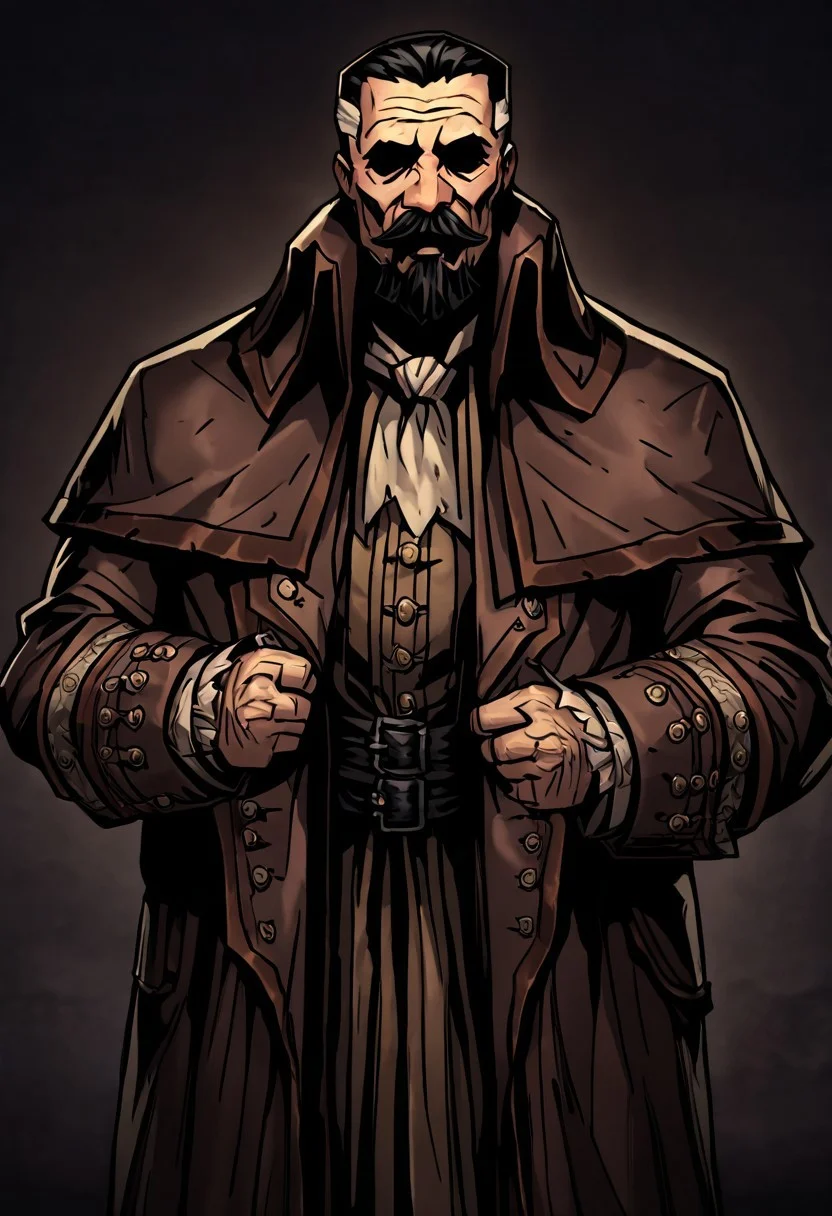 masterpiece, best quality, newest, absurdres, highres, DDstyle, official style, black eyes, shaded eyes, 1boy, A-LMWRE-V1.1, old man, robe, buttoms, beard, mustache, facial hair, multicolored hair, coat, two-tone hair, long sleeves, brown robe, black hair,