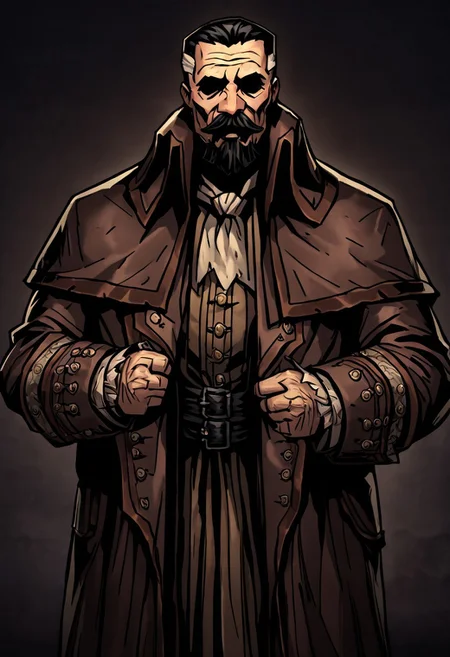 masterpiece, best quality, newest, absurdres, highres, DDstyle, official style, black eyes, shaded eyes, 1boy, A-LMWRE-V1.1, old man, robe, buttoms, beard, mustache, facial hair, multicolored hair, coat, two-tone hair, long sleeves, brown robe, black hair,