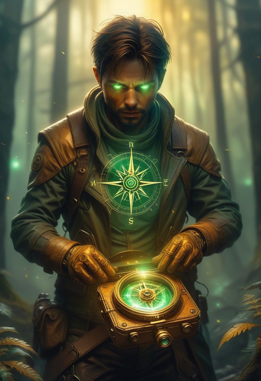 A close-up on a mysterious traveler, their weathered face framed by the golden light of a dying sun. The character is captured mid-action, pulling out an intricate compass-like device from their leather pouch. The device glows faintly, its whirling gears and etched runes reflecting a mix of curiosity and urgency. Their gloved hand trembles slightly, hinting at the emotional weight of their discovery. The background fades into a dreamy blur of warm amber and muted green, suggesting a dense forest shrouded in mist. The character's expression reveals a mix of awe and dread, their deep-set eyes locked on the glowing device as if it holds a secret too powerful to comprehend. Dust motes float lazily in the golden beams, creating an atmosphere of quiet tension and surreal beauty. The zoomed-in perspective makes the scene intimate, drawing the viewer into the character's moment of revelation.