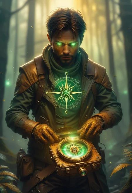 A close-up on a mysterious traveler, their weathered face framed by the golden light of a dying sun. The character is captured mid-action, pulling out an intricate compass-like device from their leather pouch. The device glows faintly, its whirling gears and etched runes reflecting a mix of curiosity and urgency. Their gloved hand trembles slightly, hinting at the emotional weight of their discovery. The background fades into a dreamy blur of warm amber and muted green, suggesting a dense forest shrouded in mist. The character's expression reveals a mix of awe and dread, their deep-set eyes locked on the glowing device as if it holds a secret too powerful to comprehend. Dust motes float lazily in the golden beams, creating an atmosphere of quiet tension and surreal beauty. The zoomed-in perspective makes the scene intimate, drawing the viewer into the character's moment of revelation.