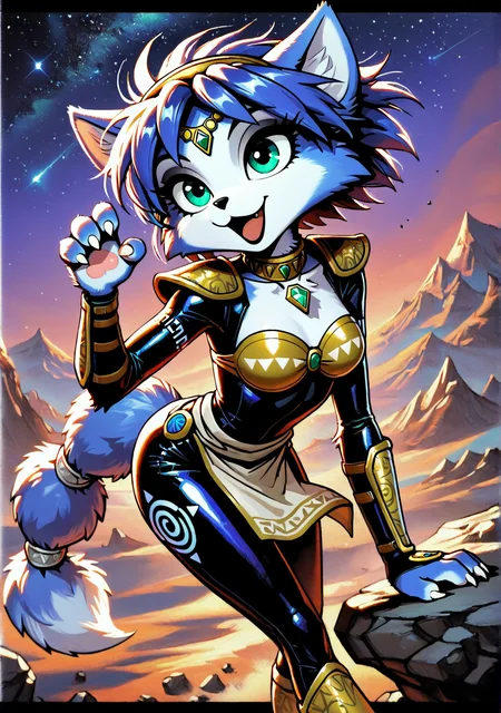 masterpiece,best quality,amazing quality, mm2shd, solid black shading, FMIXF2, trineal, hued shading, vibrant shading, detailed fur, solo, krystal, star fox, small claws, paws, black lips, eyeshadow, :3, :d, leaning forward, hand up, bodysuit, outdoors, night sky, starry sky