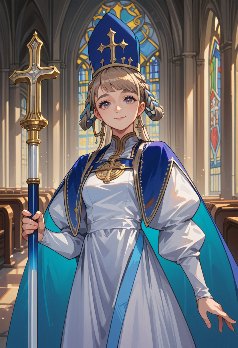 score_9, score_8_up, source_anime, 1girl, solo, PopeJoanBase, long hair, braided hair rings, mitre, blue headwear, white dress, jewelry, juliet sleeves, blue cape, indoors, holding staff, church, smile, <lora:ChamPopeJoanPonyXL:1>