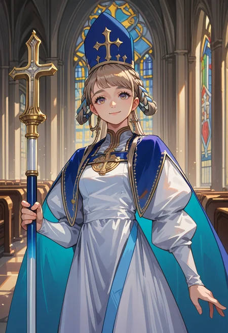 score_9, score_8_up, source_anime, 1girl, solo, PopeJoanBase, long hair, braided hair rings, mitre, blue headwear, white dress, jewelry, juliet sleeves, blue cape, indoors, holding staff, church, smile, <lora:ChamPopeJoanPonyXL:1>