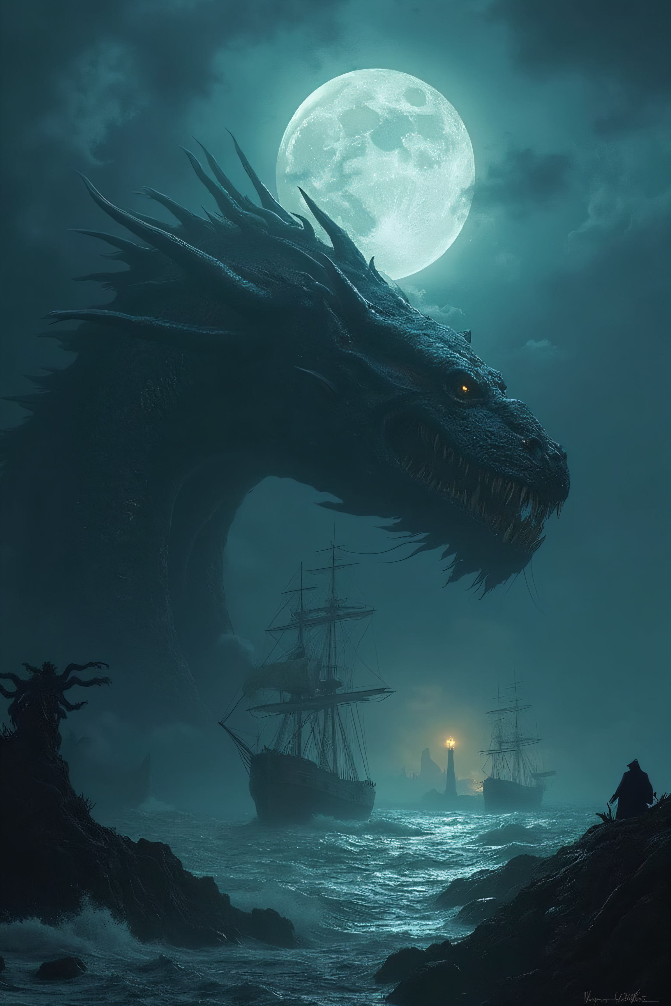 (Best Quality, 8K, Masterpiece, Ultra HD: 1.3, Huge detail, hyper realistic, epic scale, insane level of details), ((kraken with dragon's head)), (kraken attacks pirate carrack), remains of a shipwreck, night, very big moon, lighthouse, beam of light from the lighthouse, tense atmosphere