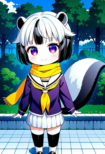 score_9, score_8_up, score_7_up, score_6_up, score_5_up, score_4_up,, 1girl, solo, original anime, Teru Anamitsu (hair: Withe hair,  short, two-tone), skunk tail, flat chest, chibi(purple eyes: 1.3).
Skirt, pleated skirt, serafuku, white skirt, shirt, purple shirt, sailor collar, white sailor collar, long sleeves, scarf, yellow scarf, black stockings, knee-high socks.
smiling, playing in a park, beautiful sky, chibi
