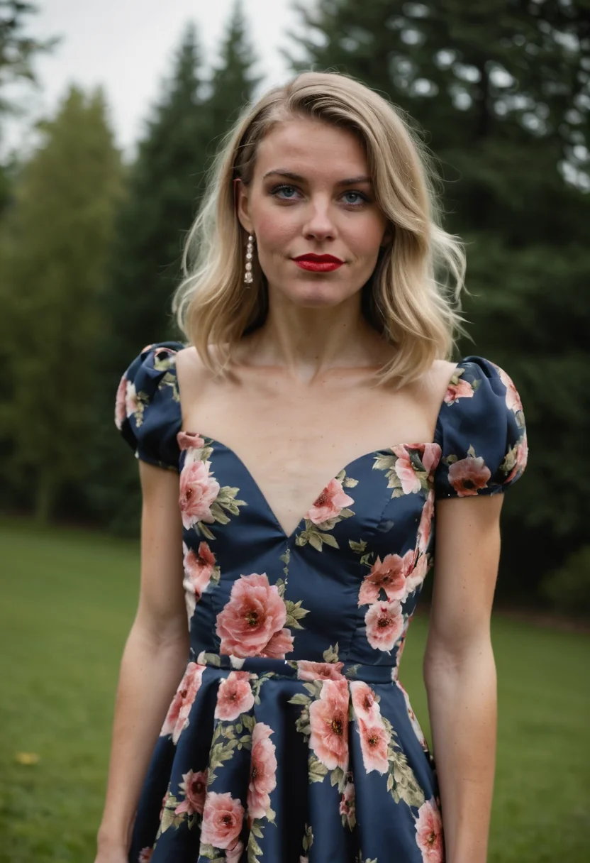 source_realistic photograph, (full body photo), a 24yo femboy, pectoral, toned, ((flat chest)), wearing a floral dress by chi chi london, short sleeves, heels, at wedding party, <lora:slimwoman:0.8> slimwoman