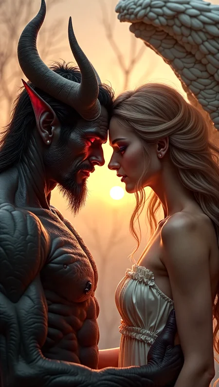 couple realistic painting of male demon and female angel,8k,UHD,masterpiece,high resolution,fine details,ultra HD,realistic,