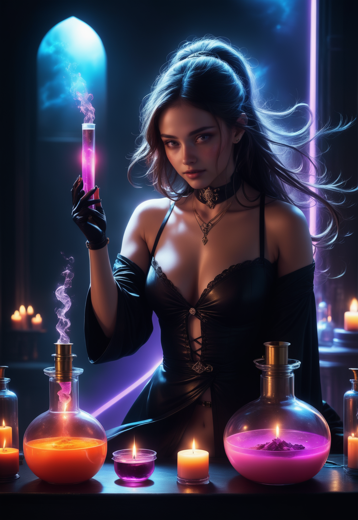 masterpiece, high quality,, Heijzel, black choker, satin dressing gown <lora:HeijzelSDXL-000005:0.85>,heijzel standing in a reij-mg alchemist room, dark ambient light, neon lights  <lora:reij-moderngothic-000006:0.7>,, upper body view, holds vials in her hands