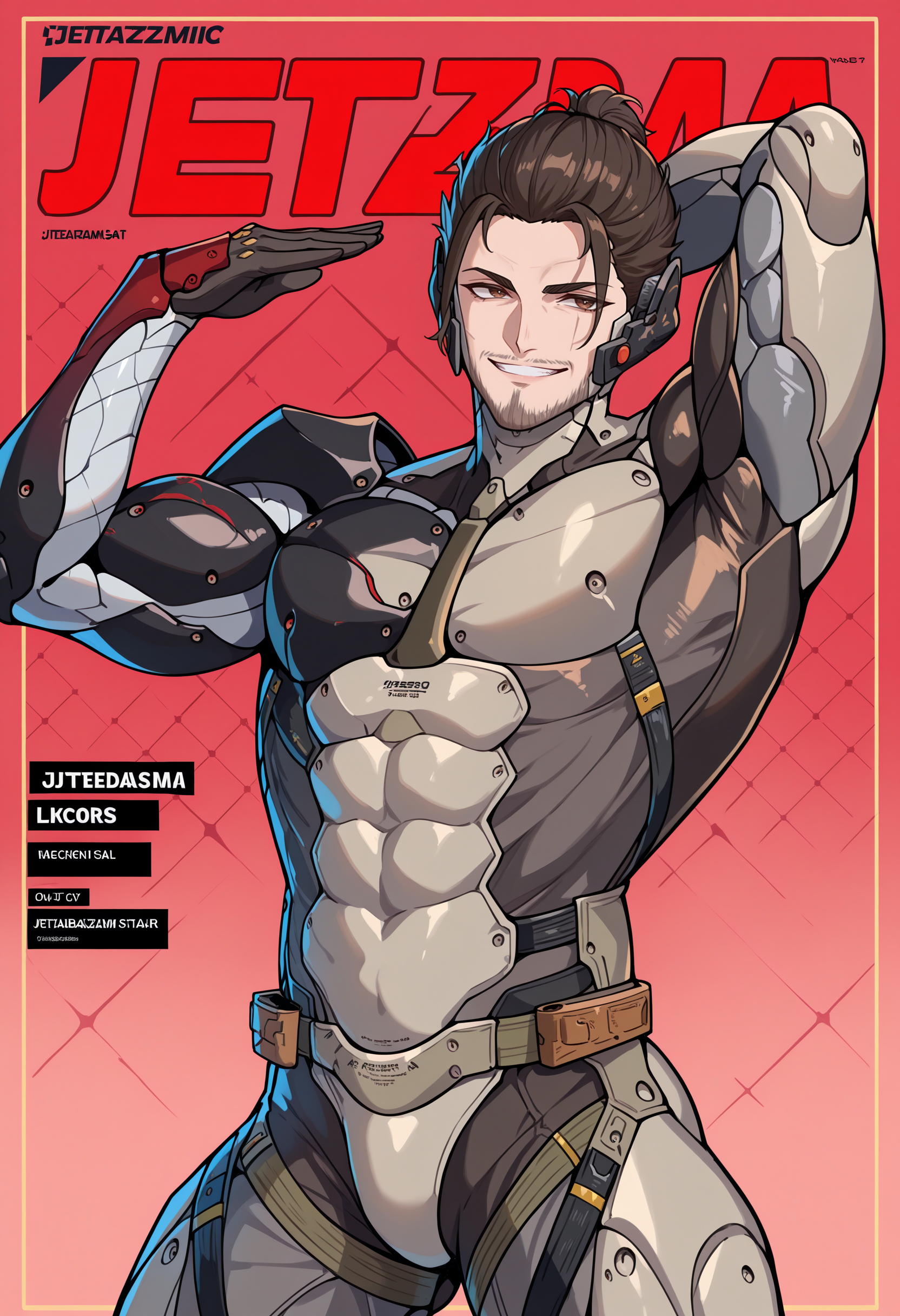 masterpiece, best quality, newest, absurdres, highres, masterpiece, best quality, 1boy, JetstreamSam, brown eyes, cyborg, bodysuit, headgear, beard, <lora:JetstreamSam_illusXL_Incrs_v1:0.85>, magazine cover, pose, dynamic pose, smile