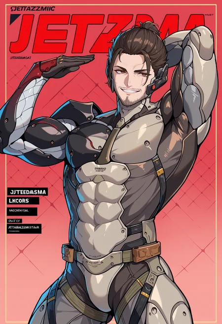 masterpiece, best quality, newest, absurdres, highres, masterpiece, best quality, 1boy, JetstreamSam, brown eyes, cyborg, bodysuit, headgear, beard, <lora:JetstreamSam_illusXL_Incrs_v1:0.85>, magazine cover, pose, dynamic pose, smile