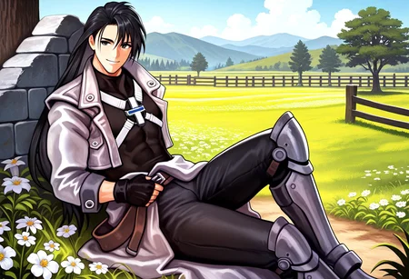 masterpiece, best quality, amazing quality, very aesthetic, absurdres, newest, 1boy, adult, male focus, hugbaldw, cutoff jacket, gray jacket, body harness with holy cross design, (long hair, black hair:1.1), charcoal greaves, gray skirt, black shirt, black pants, black fingerless gloves, sitting, smile, outdoors, stone wall, fence, trees, grass, flowers, view from the side,