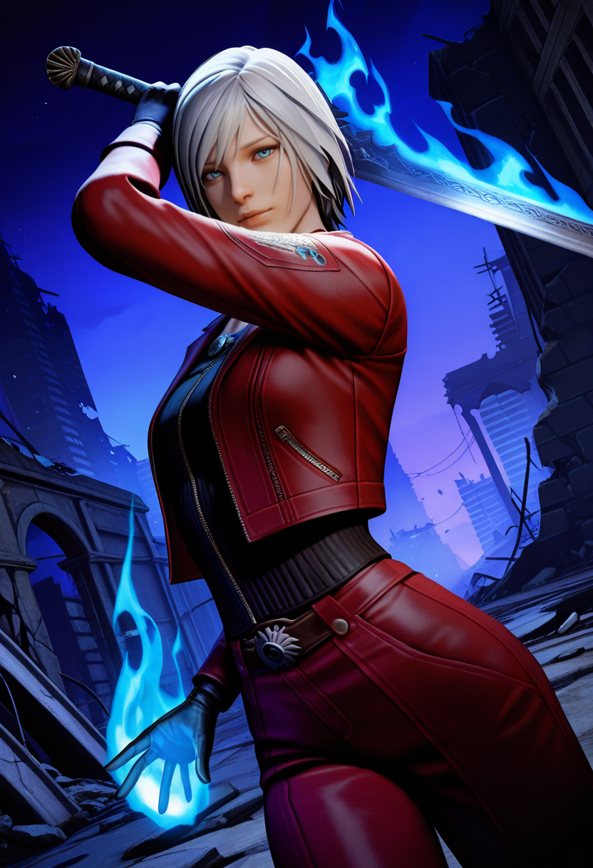 masterpiece, best quality, intricate details, detailed background, beautiful detailed, beautiful face, detailed eyes, detailed face, new, newest, ub3rstyl3, 1girl, solo, dante_(devil_may_cry), cowboy shot, looking at viewer, dutch angle, dynamic pose, holding sword, weapon, sicty, night, ruins, blue fire, shining, magic, aura,