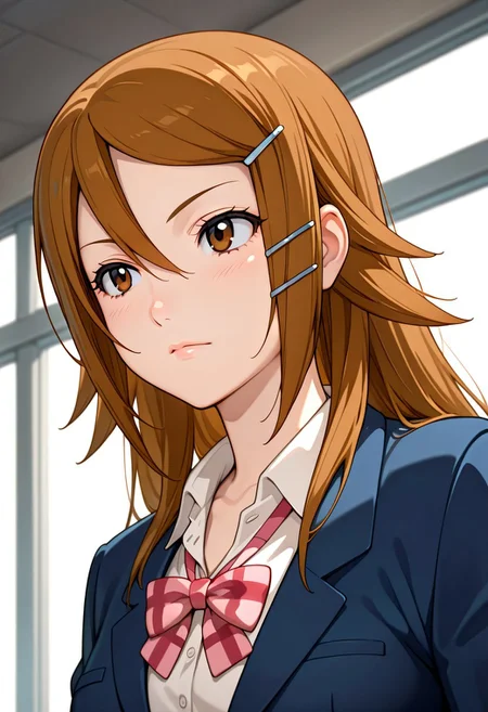 masterpiece,best quality,amazing quality, upper body, wide angle,1girl, solo,Shiznan,Shiz hairclip ,brown eyes, brown hair,hairclip,hair between eyes, posing in school , dramaic lighting
