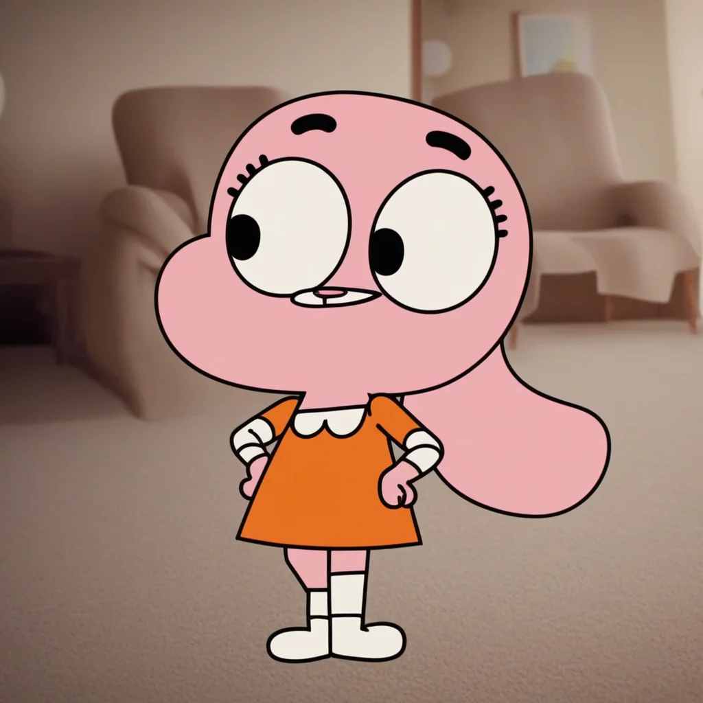 smile, white rabitt tail, light pink skin, big eyes, 1girl, black eyes, standing, Solo, expressive eyes, rabbit ears, orange dress with a white trim, short stature, white socks, furry, in a living room, Anais_TawoG, anthropomorphic rabbit, Score_9, black eyebrows, full body, red nose