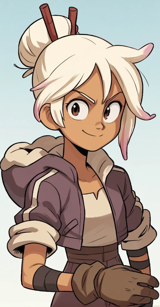 score_9, 1girl, blonde hair, white hair, multicolored hair, hair bun, hair stick, jacket, brown gloves, dark skin, dark-skinned female, looking at viewer, upper body, cowboy shot, smile, closed mouth, <lora:Dee_Diesel:1>