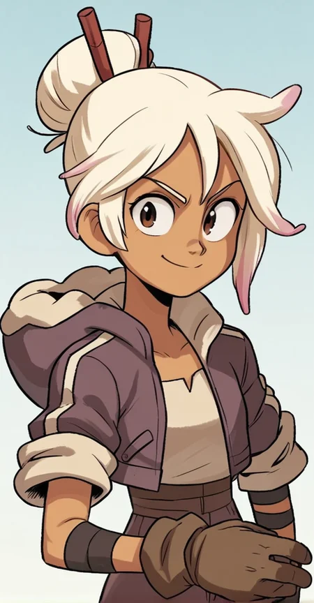 score_9, 1girl, blonde hair, white hair, multicolored hair, hair bun, hair stick, jacket, brown gloves, dark skin, dark-skinned female, looking at viewer, upper body, cowboy shot, smile, closed mouth, <lora:Dee_Diesel:1>