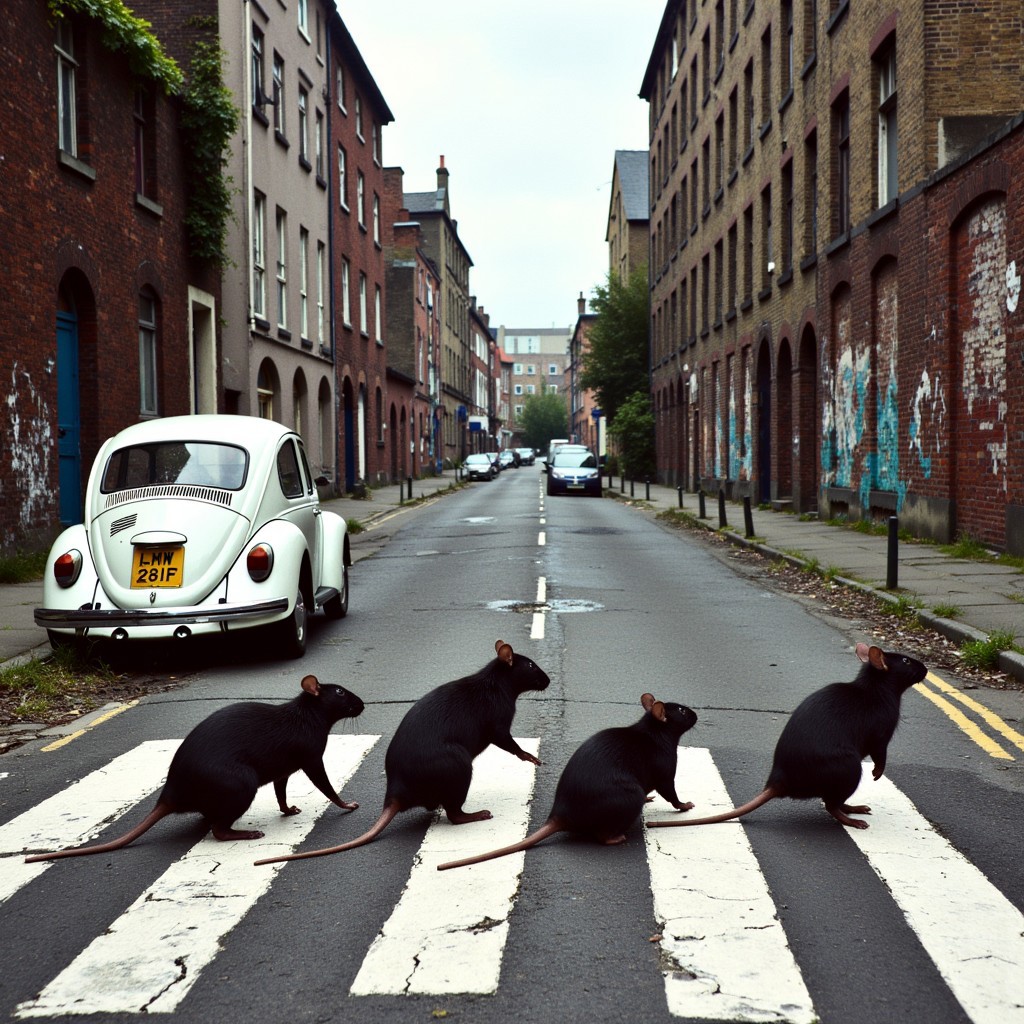 classic album cover reenactment amongst urban decline of abandoned high-street, long shot of four rats on zebra crossing walking, overgrown cracked road intersection, at left side of road is a white Volkswagen Beetle, rear yellow registration plate reads "LMW 281F", peeling plaster painted cracked brick black white red cyan blue abstract over rats, fab four walking to right-hand side