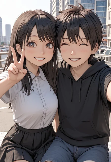 score_4,score_5,score_6,score_7_up,score_8_up,score_9 ((masterpiece,best quality,ultra detailed,highres,HD,4k:1.2)), 
chibi,upper body,deformed,| |,
1 girl and 1 boy,hetero,girl focus,
black long hair girli,large breast,
black short hair boy,
day, outside, city, Couple Selfie, sitting, fully clothed, 
smile,happy,open eyes,Smiling with teeth showing, peace sign,