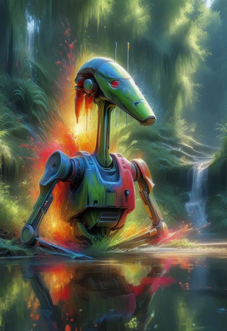 B1 droid holding gun in forest, realistic water effects, sun rays, realistic lighting, beautiful environment, shrubbery, reflections
<lora:B1 Droid v1.0:1> <lora:add-detail-xl:0.5> <lora:xl_more_art-full_v1:0.3>