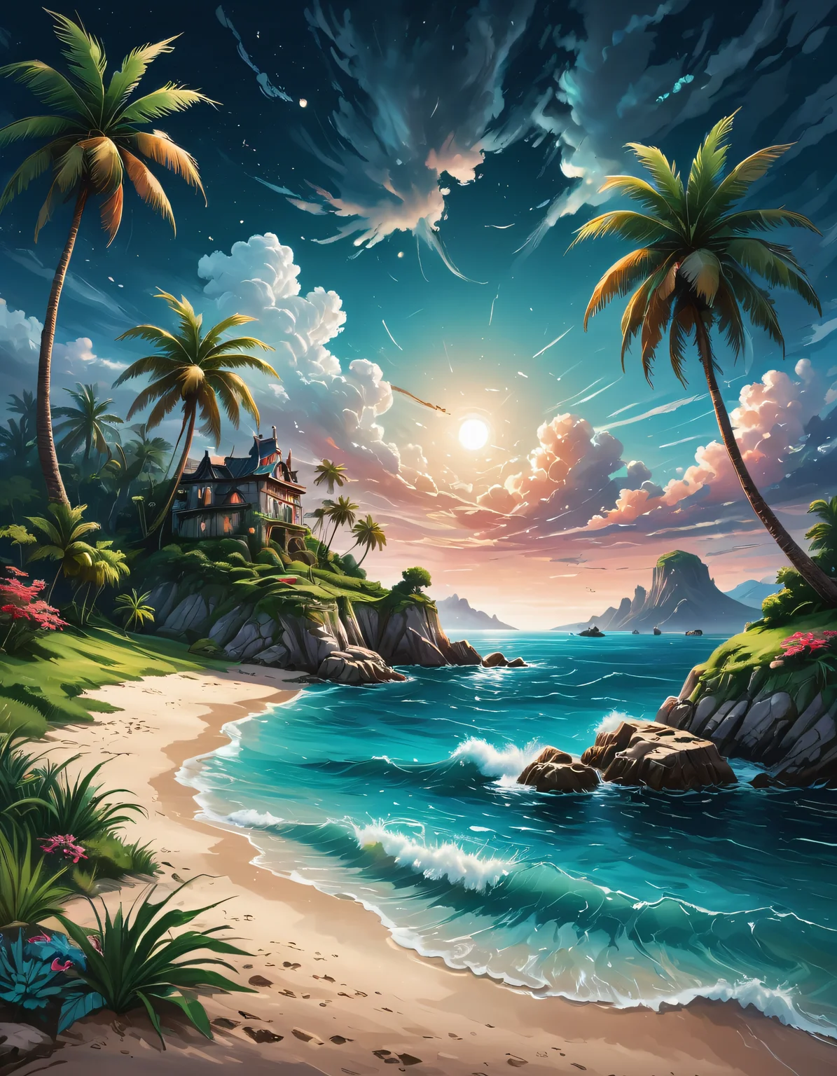 whimsical fantasy landscape, palm trees, sea, beach, amazing sky