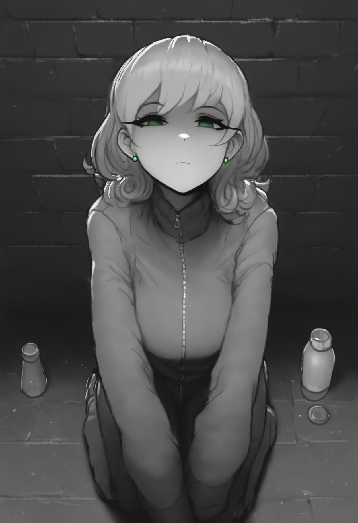 masterpiece, best quality, solo, 1girl,  <lora:NSPennyStardewIllu:1> NSPennyBase, green eyes, medium hair, curly hair, green stud earrings, grey hair, tracksuit, squatting, milk bottles, alleyway, shaded face, expressionless face, dim, raining, grayscale, brick wall, alleyway, look at the viewer