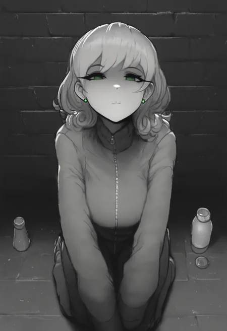 masterpiece, best quality, solo, 1girl, <lora:NSPennyStardewIllu:1> NSPennyBase, green eyes, medium hair, curly hair, green stud earrings, grey hair, tracksuit, squatting, milk bottles, alleyway, shaded face, expressionless face, dim, raining, grayscale, brick wall, alleyway, look at the viewer