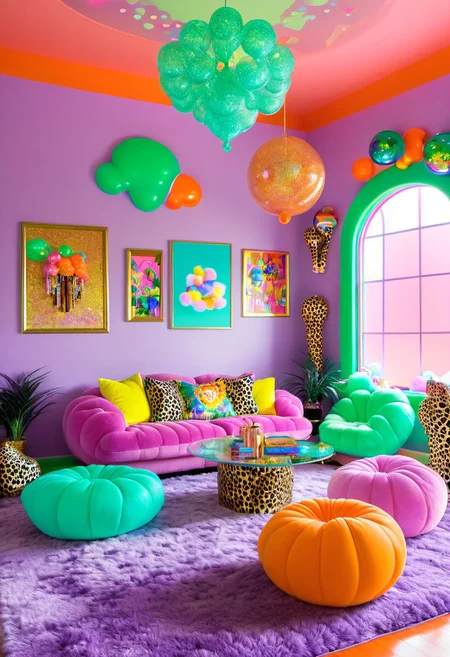 y2kmad, Light mood masterpiece photography, realistic, realistic photograph, retro chandelier, living room, couch, indoors, gumball machine, coffee table, maximalist living room, glitter, Lisa Frank inspired, scene indoors, owl room decor, pastel pillows, winx room decor, fancy furniture, Lisa Frank colors, fluffy neon rug, clouds painted on walls, coffee table, elephant statues, two chairs, books on table,  throw pillows on couch, zebra print throw pillows, light coming in from outside, arcade game, gaudy couches, giant lava lamp, lava lamp, disco balls, fairy room decor, large windows, maximalism, green, blue, turquoise, purple, orange, purple couches, maximalist living room, soft rug, neon rug, cat statue, lots of pillows, 2000s, Lisa Frank alien pictures on wall, water bed, green Glass, Vinyl, neon green lamp, pastel pink walls, Vivid colours, plastic orange designer chair, crystal beaded curtains, funky room, futuristic shaped chair, neon lights, leopard print, Y2k pink bedroom, cartoon interior design, plastic photo frames