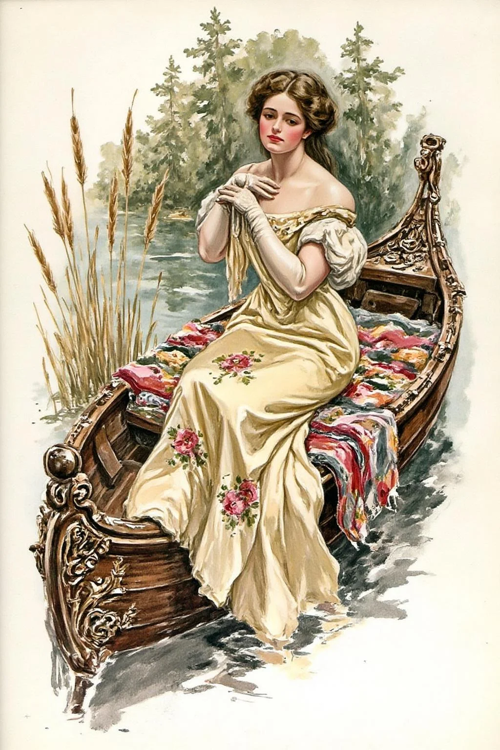 hafisher1 illustration.
A young woman seated on top of a colorful blanket inside a small ornate wooden boat. There are some reeds beside the boat. She wears a flowing, pale gown adorned with delicate floral patterns, her long, loose hair cascading around her shoulders. Her face is melancholic. There is a forest in the background. <lora:hafisher1_cap_d6a3e12:1.0><lora:829843563690017824:0>