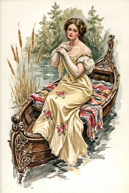 hafisher1 illustration.
A young woman seated on top of a colorful blanket inside a small ornate wooden boat. There are some reeds beside the boat. She wears a flowing, pale gown adorned with delicate floral patterns, her long, loose hair cascading around her shoulders. Her face is melancholic. There is a forest in the background. <lora:hafisher1_cap_d6a3e12:1.0><lora:829843563690017824:0>