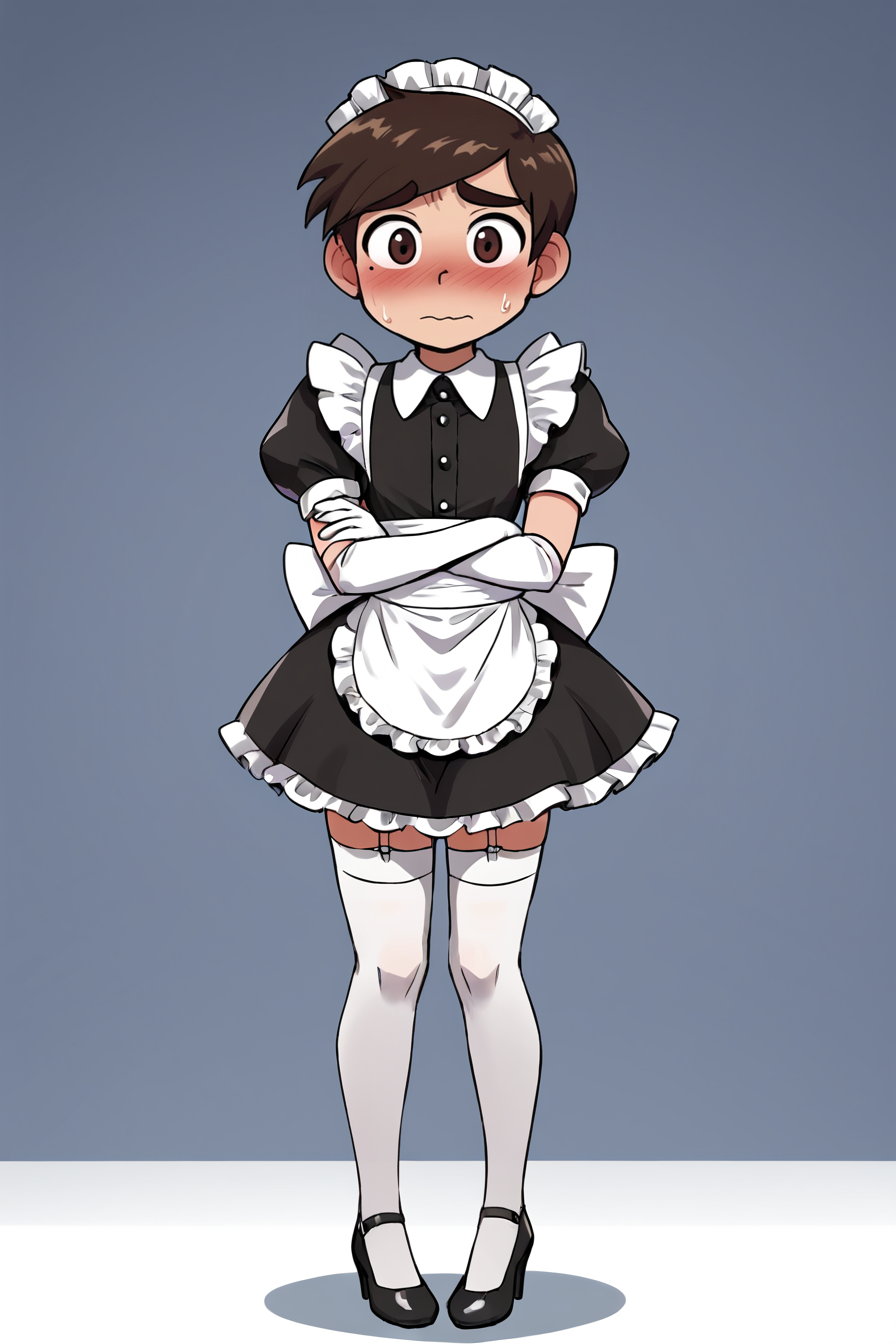 score 6 up,score 7 up, score 8 up,score 9,blush,short sleeves,looking at viewer,  <lora:marco_diaz:0.7>,marco diaz,brown hair,mole under left eye,short hair,solo,thick eyebrows,<lora:Lucyla_Art_Style:0.4>,male focus,maid headdress,maid uniform,,embarrassed,black heels,white elbow gloves, white stockings