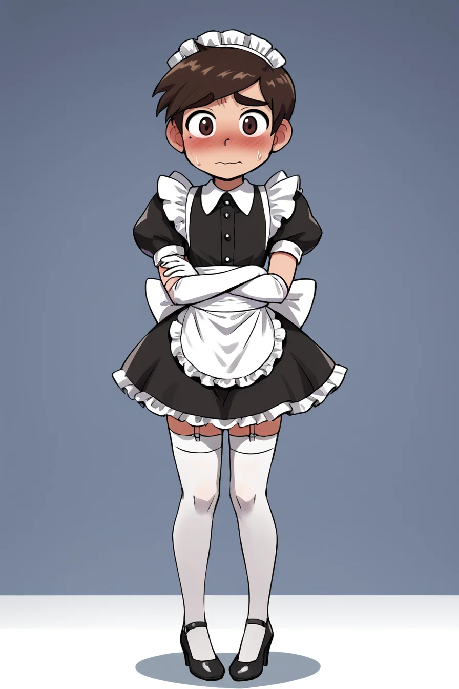 score 6 up,score 7 up, score 8 up,score 9,blush,short sleeves,looking at viewer, <lora:marco_diaz:0.7>,marco diaz,brown hair,mole under left eye,short hair,solo,thick eyebrows,<lora:Lucyla_Art_Style:0.4>,male focus,maid headdress,maid uniform,,embarrassed,black heels,white elbow gloves, white stockings