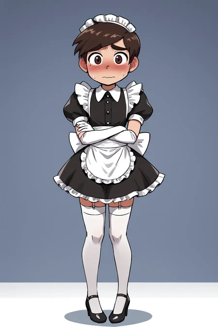 score 6 up,score 7 up, score 8 up,score 9,blush,short sleeves,looking at viewer,  <lora:marco_diaz:0.7>,marco diaz,brown hair,mole under left eye,short hair,solo,thick eyebrows,<lora:Lucyla_Art_Style:0.4>,male focus,maid headdress,maid uniform,,embarrassed,black heels,white elbow gloves, white stockings