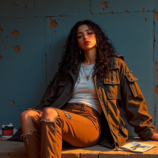This is a digital drawing in a semi-realistic style, showcasing a woman sitting on the ground with her back to the wall. The subject has very long black curly wet hair. She has a fair complexion with freckles scattered across her cheeks. She wears an oversized leather jacket adorned with metal studs and spikes with multiple pockets and padding on the outside that is torn up. Under that she wears a shirt that is slightly wrinkled, adding to the casual, relaxed vibe of the scene. Tattered brown jeans. She has a nose ring and ear studs. There is trash on the ground. The woman is posed casually, lounging on the bench in a relaxed state without a care in the world. She has multiple piercings and has a punk rock vibe. The background features a chipped paint wall which is painted in a dark blue hue, contrasting with the warm, amber-colored lighting that bathes the scene. The lighting casts dramatic shadows, emphasizing the woman's muscular build and the texture of her t-shirt. The overall mood of the image is contemplative and somewhat melancholic, enhanced by the warm, muted tones and the woman's introspective posture. Ultra-detailed, HD, 8K quality, flawless anatomy, and vibrant contrasts that elevate the composition's opulent allure. The image has high contrast where reflected light appears brighter and shadows appear darker which enhances the contrast and hue which results in a visually stunning image that captures the eye easily.