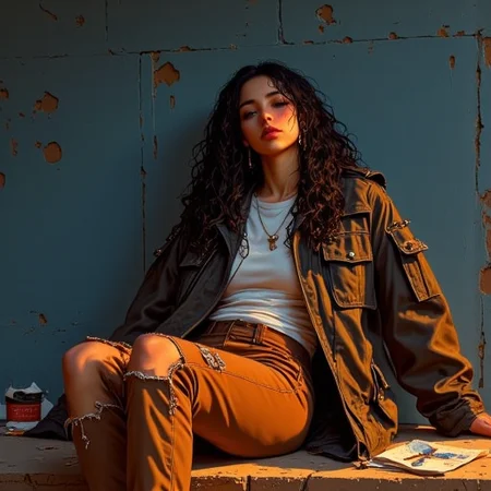 This is a digital drawing in a semi-realistic style, showcasing a woman sitting on the ground with her back to the wall. The subject has very long black curly wet hair. She has a fair complexion with freckles scattered across her cheeks. She wears an oversized leather jacket adorned with metal studs and spikes with multiple pockets and padding on the outside that is torn up. Under that she wears a shirt that is slightly wrinkled, adding to the casual, relaxed vibe of the scene. Tattered brown jeans. She has a nose ring and ear studs. There is trash on the ground. The woman is posed casually, lounging on the bench in a relaxed state without a care in the world. She has multiple piercings and has a punk rock vibe. The background features a chipped paint wall which is painted in a dark blue hue, contrasting with the warm, amber-colored lighting that bathes the scene. The lighting casts dramatic shadows, emphasizing the woman's muscular build and the texture of her t-shirt. The overall mood of the image is contemplative and somewhat melancholic, enhanced by the warm, muted tones and the woman's introspective posture. Ultra-detailed, HD, 8K quality, flawless anatomy, and vibrant contrasts that elevate the composition's opulent allure. The image has high contrast where reflected light appears brighter and shadows appear darker which enhances the contrast and hue which results in a visually stunning image that captures the eye easily.