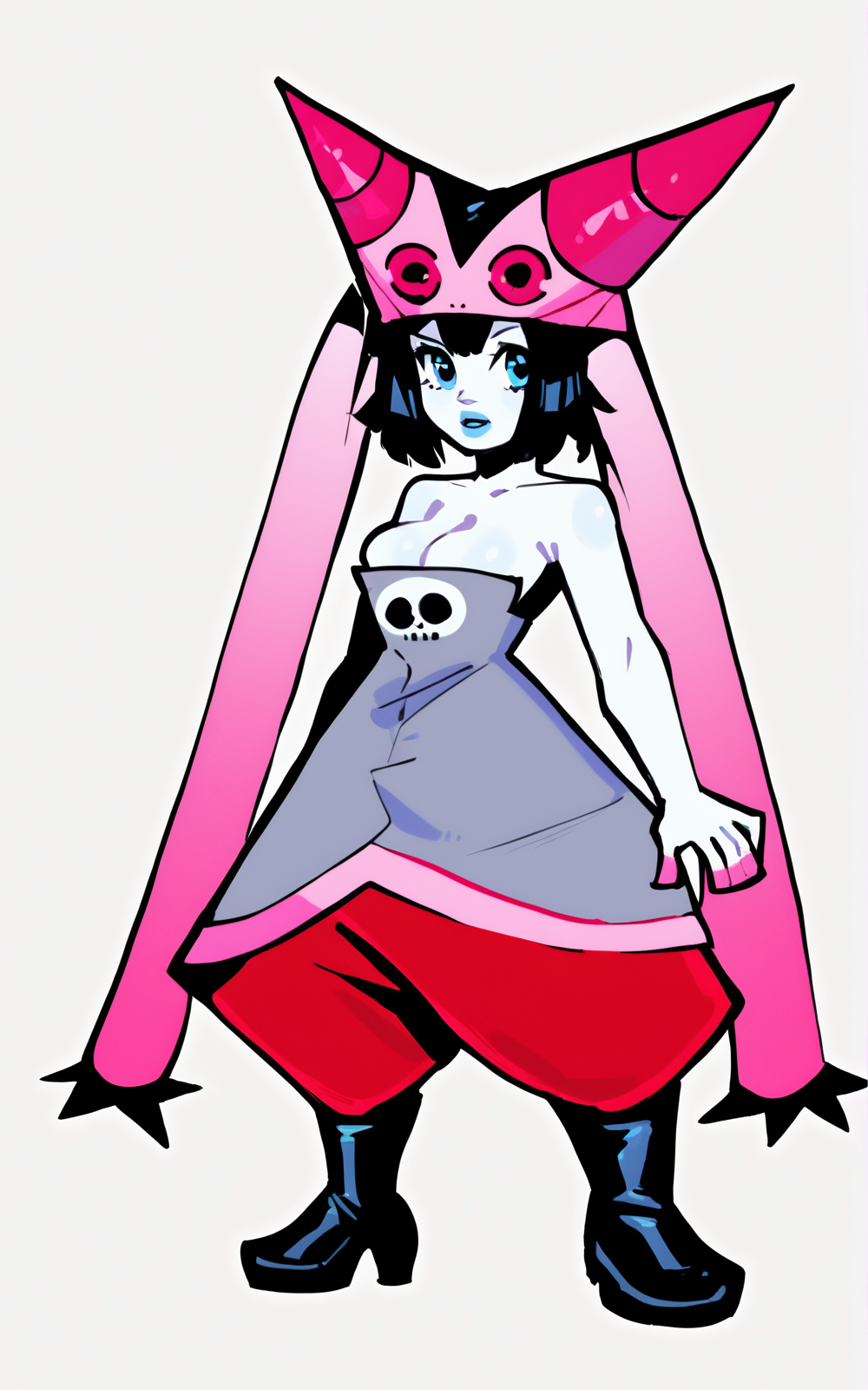 score_9, score_8_up, score_7_up,((best quality)), absurdres,((full body)),  <lora:3d-2d:0.8>,   <lora:MystiqueSoniaPXL:1>,MystiqueSoniaPXL,white skin, blue eyes, blue lips, black hair, short hair, breast,dress, gray dress, miniskirt , red pants, boots, black boots, red pants, layered clothing, sleeveless,bare shoulders, cleavage,strapless, skull,headwear, horns, twintails, pink headwear,living clothes,white background,long hair,pink hair,standing