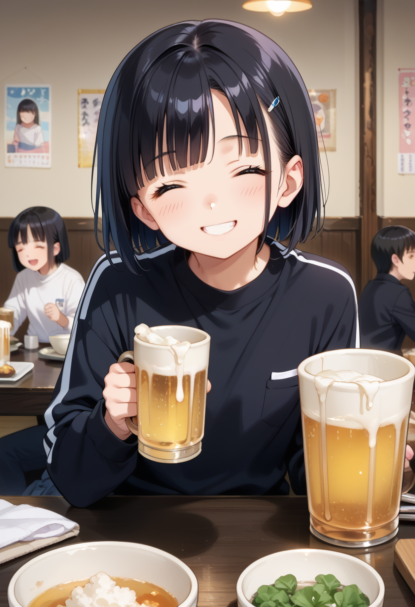 score_9, score_8_up, score_7_up, rating_safe, masterpiece, best quality, absurdres, unity 8k wallpaper, official art, official style, source_anime, game cg, megami magazine,
murayakuba, izakaya, black hair, multiple girls, shirt, cup, holding, beer mug, black shirt, chopsticks, bowl, closed eyes, indoors, table, food, short hair, sitting, smile, white shirt, jacket, long sleeves, poster (object)
 <lora:murayakuba_pony_V1:1>