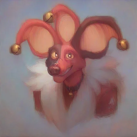 score_9, score_8_up, score_7_up, score_6_up, score_5_up, score_4_up, source_cartoon BREAK HyeheheMSMXL, red body, stitches, neck fluff, white neck fluff, 3 ears, jingle bells, jingle bells on ears, 1 jingle bell per ear, orange inner ears, yellow sclera, brown eyes, brown nose, sharp teeth, canine snout, white spade symbol on arm, spade symbol, white diamond symbol on thigh, red and white jester shoes, looking at viewer, smiling, happy, closed mouth, bust, pfp, cartoon, art by raytrac3r, toony, white pupils, digital media, thick lines, high contrast, vector BREAK best quality, 4k, 8k, 10k, 32k, HD, UHD, absurd quality, uploaded on DeviantArt