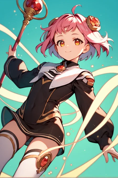 score_9, score_8_up, score_7_up, very aesthetic, source_anime, detailed, high quality, beautiful, masterpiece, detailed eyes,
simple background, magic effects,
cowboy shot, close up, dynamic angle,
flat chest, light smile, dynamic pose, holding magical staff
<lora:momo1_autismConfetti_v01:0.95>
m.o.m.o., 1girl, pink hair, short hair, hair ornament, ahoge, brown eyesblack dress, short dress, white thighhighs, zettai ryouiki, white footwear, long sleeves,, zPDXL