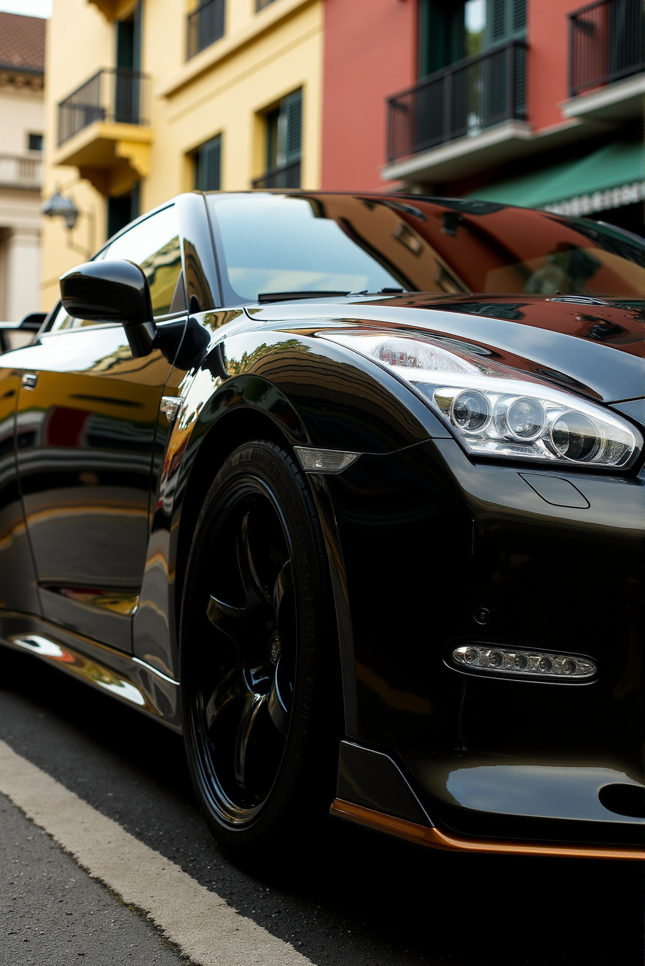 <lora:Nissan_GT-R_R35:0.7>  A from a side view of a gorgeous Nissan GT-R R35 in all its shining glory. In a style of clean look. The car has black paint job with golden undertone. Mirror-like, high gloss finish catches bright highlights. Vibrant color palette.