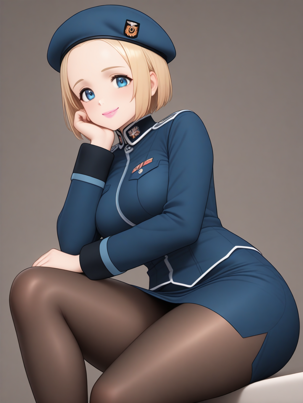 perfect quality,best quality,absolutely eye-catching,ambient occlusion,raytracing BREAK
1girl,<lora:marietta IL v2.1:1>,marietta,dark blonde hair,short hair,forehead,blue beret,blue military uniform,blue eyes,pencil skirt,pantyhose,long sleeves,tareme,white line,pink lips,smile,