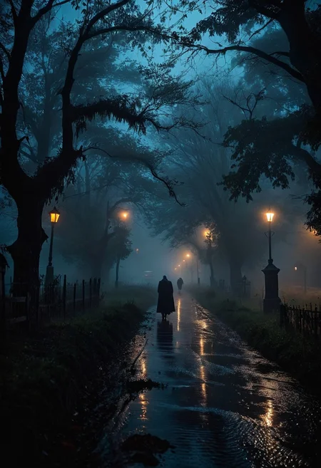 the horrors of the night, scary, demon, whispers in the night, crows, midnight, fog, rain