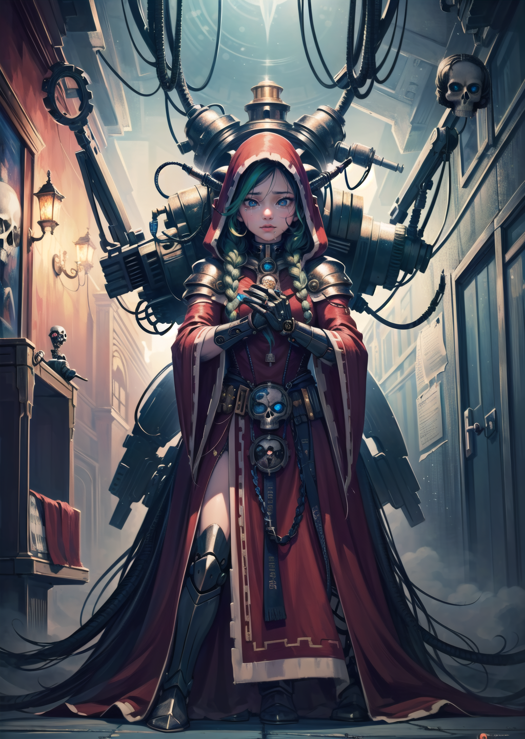 (1girl, dark green hair absurdly long hair single braid, multicolored eyes, <lora:eye-test8:1>, tears) (digital) ( dynamic pose in detailed carousel, (skull, tube, science fiction, extra arms, hood, robe, glowing eyes, mechanical arms, steampunk, armor)) , best quality, <lora:boldline:0.2>  <lora:hairdetailer:0.2> techpriest <lora:techpriest:1>