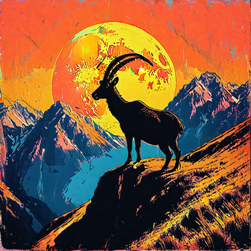 1 walia ibex standing on top of a cliff under 1 while moon, black silhouette against while moon, black cliff, dark blue sky,
