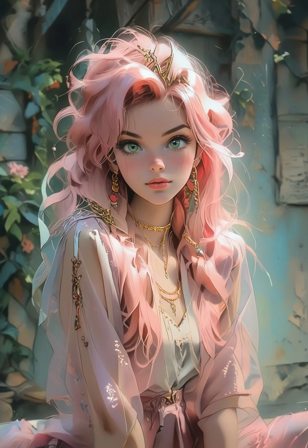 safe_pos, score_9, score_8_up, score_7_up, score_6_up, 1girl, 22 years old, kawaii girl, green eyes, long pink hair, petite, perfect face, detailed face, detailed body, open transparent pink robe, shirt, skirt, gold necklace,gold bracelets,gold collar, gold cuffs, unique sexy pose, legs spread, unique perspective